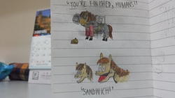 Size: 4128x2322 | Tagged: safe, artist:horsesplease, shetland pony, heavy weapons guy, heavy weapons pony, looking at you, minigun, ponified, sandvich, sandwich, team fortress 2, traditional art