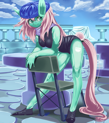 Size: 1280x1440 | Tagged: safe, artist:m@k, oc, oc only, oc:congee, anthro, anthro oc, chair, clothes, solo, swimsuit