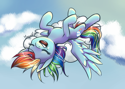 Size: 1024x724 | Tagged: safe, artist:moenkin, rainbow dash, g4, cloud, cloudy, drool, female, lying down, lying on a cloud, on a cloud, sleeping, snoring, solo