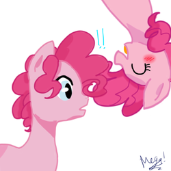 Size: 512x512 | Tagged: safe, artist:megaimpact, pinkie pie, earth pony, pony, g4, bubble berry, exclamation point, eyes closed, female, male, mare, prank, rule 63, self ponidox, selfcest, ship:bubblepie, shipping, simple background, stallion, straight, surprised, upside down, white background