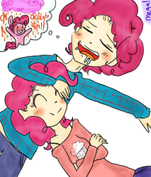 Size: 512x600 | Tagged: safe, artist:megaimpact, pinkie pie, human, g4, bubble berry, chocolate rain, clothes, dream, drool, female, giggling, happy, humanized, male, relaxing, rule 63, self ponidox, selfcest, ship:bubblepie, shipping, sleeping, straight