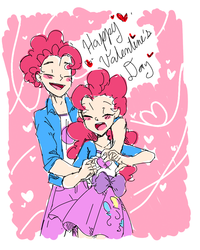 Size: 768x960 | Tagged: safe, artist:annie-aya, pinkie pie, equestria girls, g4, bow, bubble berry, clothes, dancing, duo, equestria guys, female, hearts and hooves day, humanized, male, rule 63, self ponidox, selfcest, ship:bubblepie, shipping, skirt, straight, valentine's day