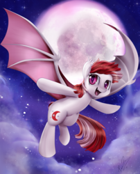 Size: 3245x4017 | Tagged: safe, artist:pridark, oc, oc only, bat pony, pony, bat pony oc, flying, full moon, large wings, moon, night, night sky, sky, solo, wings