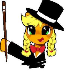 Size: 329x342 | Tagged: safe, artist:30clock, applejack, g4, blushing, bowtie, braid, clothes, cute, female, hat, hoof hold, jackabetes, magician, open mouth, pigtails, pixiv, simple background, smiling, solo, top hat, white background