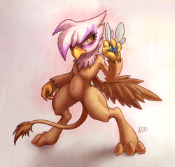 Size: 1044x1000 | Tagged: safe, artist:chromaskunk, artist:dfectivedvice, color edit, gilda, griffon, parasprite, g4, belly button, colored