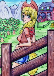 Size: 1024x1436 | Tagged: safe, artist:nana-yuka, applejack, human, g4, eared humanization, female, fence, humanized, solo, sweet apple acres, tailed humanization, traditional art