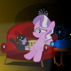 Size: 1362x1362 | Tagged: safe, artist:magerblutooth, diamond tiara, oc, oc:dazzle, cat, g4, couch, popcorn, projector