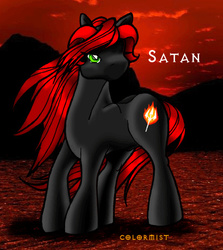 Size: 411x461 | Tagged: safe, artist:colormist, demon, demon pony, pony, 2004, anime eyes, female, frown, glare, horns, mare, ponified, ram horns, red background, rule 63, satan, simple background, solo, standing, turned head, windswept mane