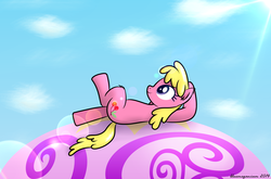 Size: 2155x1422 | Tagged: safe, artist:bluemeganium, cherry berry, earth pony, pony, g4, balloon, cloud, cloudy, crossed legs, female, hot air balloon, on back, relaxing, sky, solo, sun, sunshine, twinkling balloon