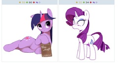 Size: 580x335 | Tagged: safe, artist:30clock, rarity, twilight sparkle, derpibooru, g4, book, exploitable meme, juxtaposition, juxtaposition win, meme, meta, pixiv, shocked