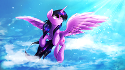 Size: 2560x1440 | Tagged: safe, artist:agletka, twilight sparkle, alicorn, pony, g4, female, flying, mare, sky, smiling, solo, spread wings, twilight sparkle (alicorn)