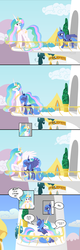 Size: 1000x3127 | Tagged: safe, artist:nimaru, princess celestia, princess luna, g4, :p, balcony, comic, cute, derp, eyes closed, hug, open mouth, pose, raised hoof, running, s1 luna, silly, smiling, spread wings, squishy cheeks, tongue out