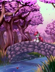 Size: 1700x2200 | Tagged: safe, artist:grennadder, roseluck, g4, big hooves, bridge, cherry blossoms, cherry orchard, cherry tree, female, river, solo, tree, water