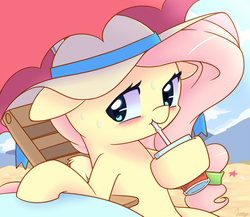 Size: 1000x869 | Tagged: safe, artist:joyfulinsanity, fluttershy, pegasus, pony, g4, beach, chair, cup, drinking, female, hat, solo, sweat, umbrella