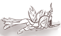 Size: 1280x757 | Tagged: safe, queen chrysalis, changeling, changeling queen, g4, female, grayscale, monochrome, pixiv, sleeping, solo