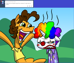 Size: 1280x1098 | Tagged: safe, artist:grandpalove, cheese sandwich, trixie, ask trixie and cheese, g4, ask, clown, clown makeup, clown nose, clown wig, red nose, trixie is not amused, tumblr, unamused