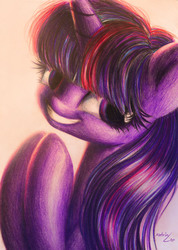 Size: 1698x2387 | Tagged: safe, artist:katputze, twilight sparkle, g4, female, simple background, smiling, solo, traditional art