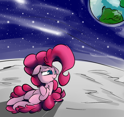 Size: 1024x965 | Tagged: safe, artist:madacon, pinkie pie, earth pony, pony, g4, female, floppy ears, human shoulders, looking back, lying, mare, moon, on back, on the moon, planet, smiling, solo, space