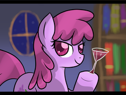 Size: 1024x768 | Tagged: safe, artist:mister-markers, berry punch, berryshine, earth pony, pony, g4, bedroom eyes, bookshelf, female, glass, looking at you, night, solo, window, wine, wine glass