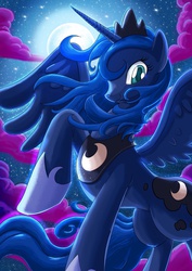 Size: 2480x3508 | Tagged: safe, artist:semajz, princess luna, alicorn, pony, g4, cloud, colored pupils, cute, female, full moon, high res, looking at you, low angle, lunabetes, mare, messy mane, moon, night, raised hoof, sky, smiling, solo, spread wings, stars, windswept mane, wings