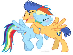 Size: 1364x1032 | Tagged: safe, artist:eeveepikachuchan, flash sentry, rainbow dash, g4, blushing, cute, dashabetes, diasentres, eyes closed, female, flashdash, grin, hug, male, open mouth, shipping, shipping war in the comments, smiling, spread wings, straight