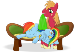 Size: 1000x695 | Tagged: safe, artist:karmadash, big macintosh, rainbow dash, oc, oc:zapple, oc:zappletta, earth pony, pony, g4, backwards cutie mark, blanket, couch, family, male, mother and daughter, pony with birthmarks, ship:rainbowmac, shipping, sleeping, stallion, straight