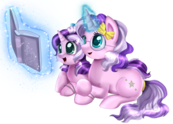 Size: 2989x2140 | Tagged: safe, artist:pridark, oc, oc only, duo, glasses, high res, magic, reading, simple background, transparent background