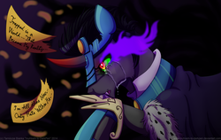 Size: 900x568 | Tagged: safe, artist:inuhoshi-to-darkpen, idw, official comic, king sombra, g4, spoiler:comic, spoiler:comic20, armor, celestia's crown, crying, discussion in the comments, fangs, former good king sombra, glowing eyes, good king sombra, hoof hold, implied celestibra, male, open mouth, philosophy in the comments, sad, scene interpretation, solo, tiara