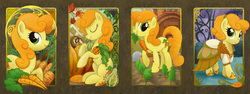 Size: 1800x675 | Tagged: safe, artist:soulscapecreatives, carrot top, golden harvest, g4, carrot, clothes, cute, cutie top, dress, eyes closed, garden, grin, mouth hold, pumpkin, raised hoof, sitting, smiling, trading card