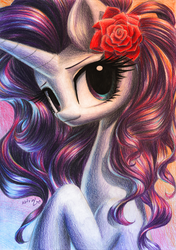 Size: 1824x2587 | Tagged: safe, artist:katputze, rarity, g4, female, flower in hair, portrait, simple background, solo, traditional art