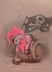 Size: 746x1024 | Tagged: safe, artist:cannibalus, pinkie pie, earth pony, pony, g4, 2014, barrel, bubble, drunk, eyepatch, female, flag, floppy ears, frown, hangover, hook, jolly roger, mare, pencil drawing, pinkie pirate, pirate, pirate pinkie pie, scimitar, solo, sword, tankard, traditional art