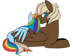 Size: 900x696 | Tagged: safe, artist:dbkit, dumbbell, rainbow dash, pegasus, pony, g4, cuddling, dumbdash, duo, female, lying, male, no pupils, on side, prone, shipping, simple background, snuggling, straight, transparent background