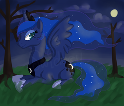 Size: 1024x878 | Tagged: safe, artist:swidgey, princess luna, alicorn, pony, g4, female, mare, night, prone, smiling, solo