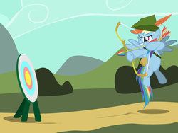 Size: 1024x768 | Tagged: artist needed, source needed, safe, rainbow dash, g4, archer, archer dash, arrow, bow (weapon), bow and arrow, bycocket, female, hat, rainbow dash always dresses in style, robin hood, solo, target, tomboy