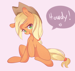 Size: 658x623 | Tagged: safe, artist:coffeechicken, applejack, g4, dialogue, female, simple background, sitting, solo