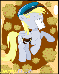 Size: 1120x1400 | Tagged: safe, artist:misterderpy, derpy hooves, pegasus, pony, g4, female, hat, letter, mailbag, mare, mouth hold, muffin, solo