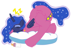 Size: 1280x864 | Tagged: safe, artist:cuddlelamb, artist:thunderdasher07, princess luna, alicorn, pony, g4, adult foal, baby bottle, clothes, diaper, diaper under clothes, digital art, female, footed sleeper, footie pajamas, mare, non-baby in diaper, onesie, pacifier, pajamas, poofy diaper, simple background, sleeping, solo, tail, tail hole, transparent background, zzz
