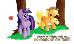 Size: 1500x900 | Tagged: safe, artist:nuclearsuplexattack, applejack, twilight sparkle, g4, apple, duo, magic, telekinesis, tree