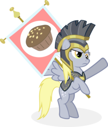 Size: 3000x3525 | Tagged: source needed, useless source url, safe, artist:accu, derpy hooves, pony, g4, armor, banner, bipedal, blonde, commander hurricane derpy, female, flag, guard, high res, muffin, salute, show accurate, simple background, solo, transparent background, vector