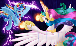 Size: 1500x900 | Tagged: safe, artist:nuclearsuplexattack, princess celestia, rainbow dash, alicorn, pegasus, pony, g4, cronus, crown, duo, fight, fire, flying, greek mythology, hoof shoes, jewelry, lightning, magic, regalia, spread wings, wings, zeus