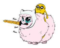 Size: 1620x1305 | Tagged: safe, artist:pimander1446, oc, oc:fluffle puff, adventure time, crossover, jake the dog, male, mouth hold, nom, simple background, sword, transparent background, weapon