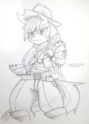 Size: 1744x2440 | Tagged: safe, artist:xxreonxx315, applejack, earth pony, pony, g4, armor, bipedal, clothes, female, fighter, fighting stance, monochrome, solo, traditional art