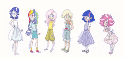 Size: 4360x2048 | Tagged: safe, artist:floredoodler, applejack, fluttershy, pinkie pie, rainbow dash, rarity, twilight sparkle, human, g4, apron, clothes, converse, glasses, humanized, line-up, mane six, mary janes, overalls, scarf, shoes, traditional art