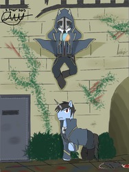 Size: 768x1024 | Tagged: safe, artist:rexcommando656, rat, blood, corvo attano, dishonored, door, falling, imminent death, knife, ponified, sword