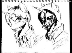 Size: 7020x5100 | Tagged: safe, artist:lunarguard, absurd resolution, corvo attano, dishonored, mask, monochrome, ponified