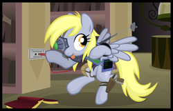 Size: 5991x3854 | Tagged: dead source, safe, artist:jittery-the-dragon, derpy hooves, cyborg, pegasus, pony, g4, canterlot, canterlot castle, derpigun, female, gun, hacking, mare, pistol, shadowrun, this will end in pain, this will not end well