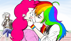 Size: 1024x600 | Tagged: safe, artist:asdf314159265, gilda, pinkie pie, rainbow dash, human, g4, cigarette, female, humanized, kiss on the lips, kissing, lesbian, ship:pinkiedash, shipping, smoking, surprise kiss, surprised, trio