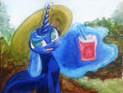 Size: 3008x2288 | Tagged: safe, artist:porkchopsammie, princess luna, g4, drink, female, happy, hat, high res, magic, solo, sun hat, telekinesis, traditional art