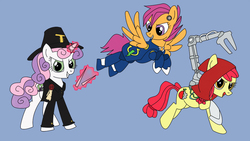 Size: 1000x562 | Tagged: safe, artist:time-lime, apple bloom, scootaloo, sweetie belle, earth pony, pegasus, pony, unicorn, g4, adeptus mechanicus, alternate cutie mark, augmented, clothes, costume, cutie mark crusaders, female, flying, inquisition, inquisitor, looking at you, looking down, older, older apple bloom, older scootaloo, older sweetie belle, prosthetic limb, prosthetics, robotic arm, scootaloo can fly, servo arm, simple background, space marine, techpriest, trio, ultramarine, warhammer (game), warhammer 40k, wrong magic color