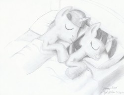 Size: 1280x982 | Tagged: safe, artist:millenniumf, twilight sparkle, oc, oc:vector scamp, g4, adult foal, bed, monochrome, pacifier, sleeping